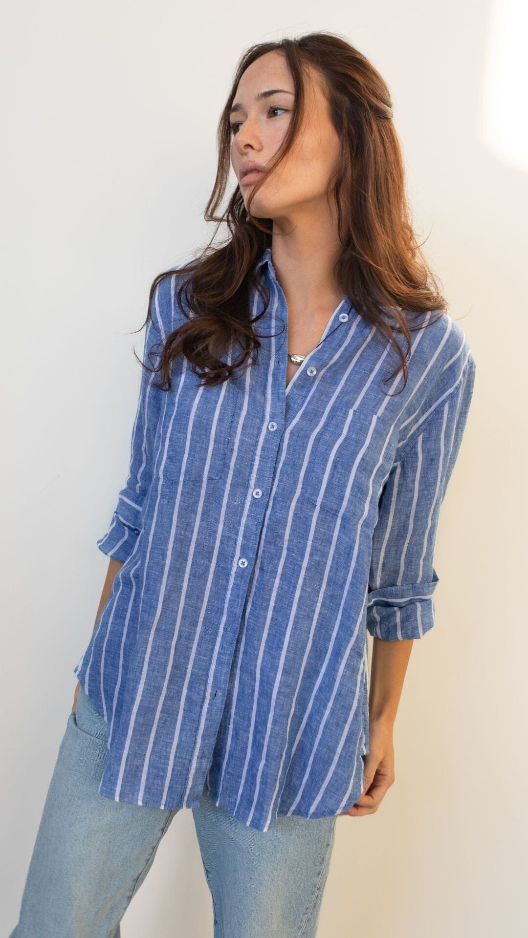 Marine Stripe Boyfriend Linen Shirt