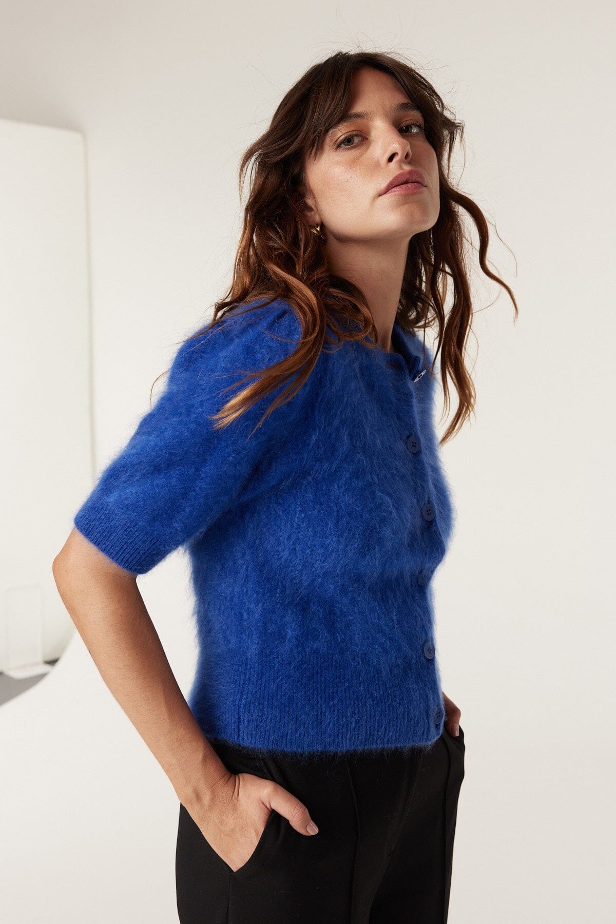 Brushed Pure Cashmere Cardigan - Sapphire