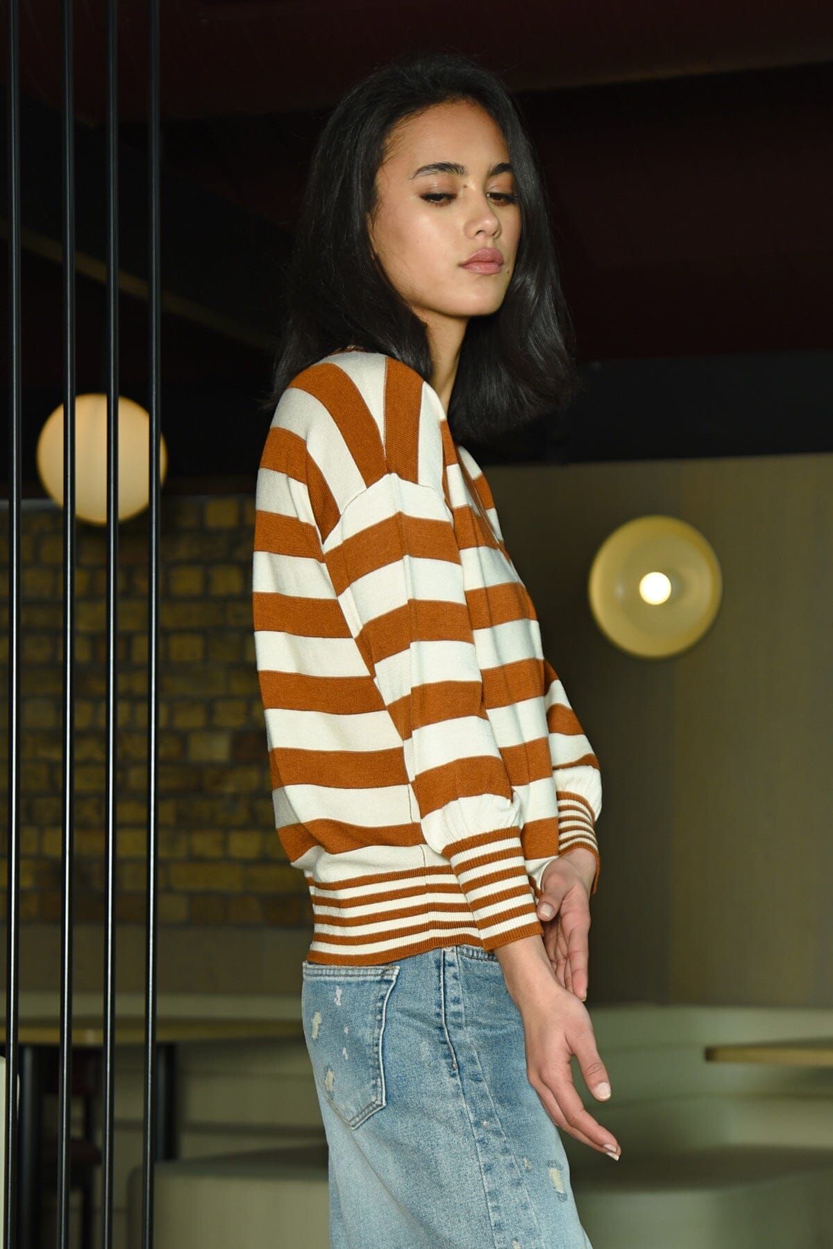 V Neck For Victory Jumper  Cinnamon Stripe