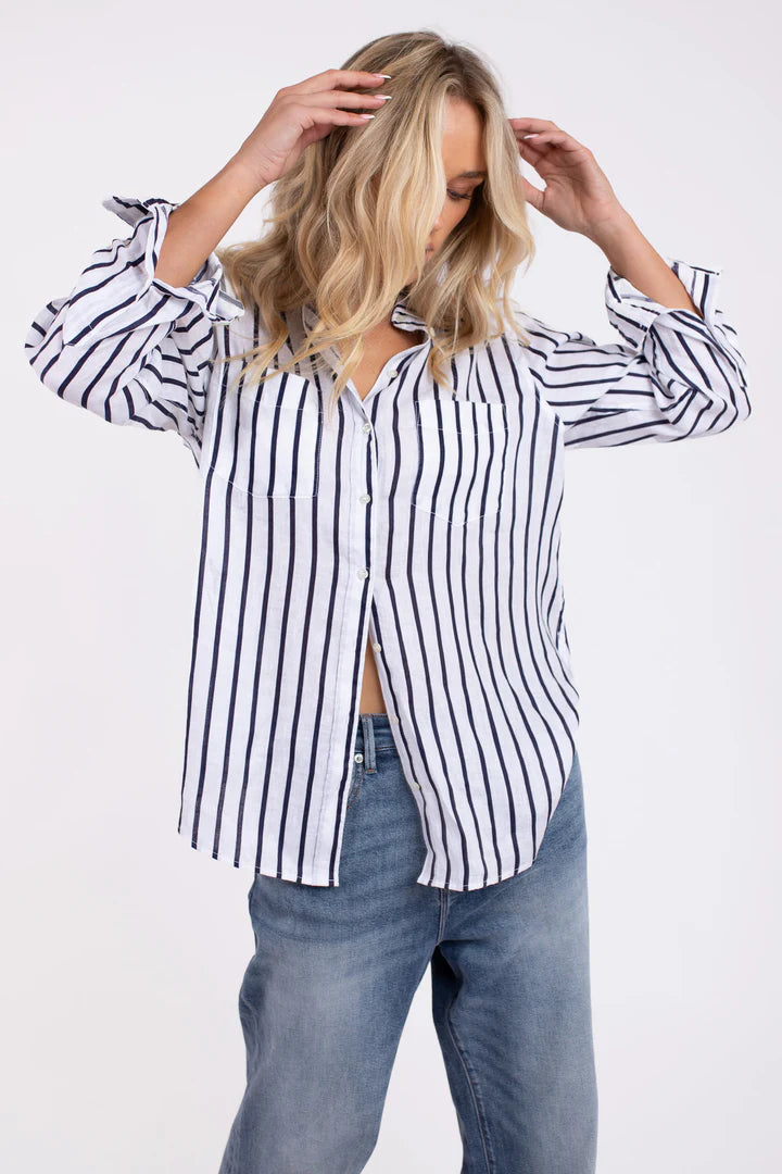 THE BOYFRIEND LINEN SHIRT NAVY AND WHITE STRIPE