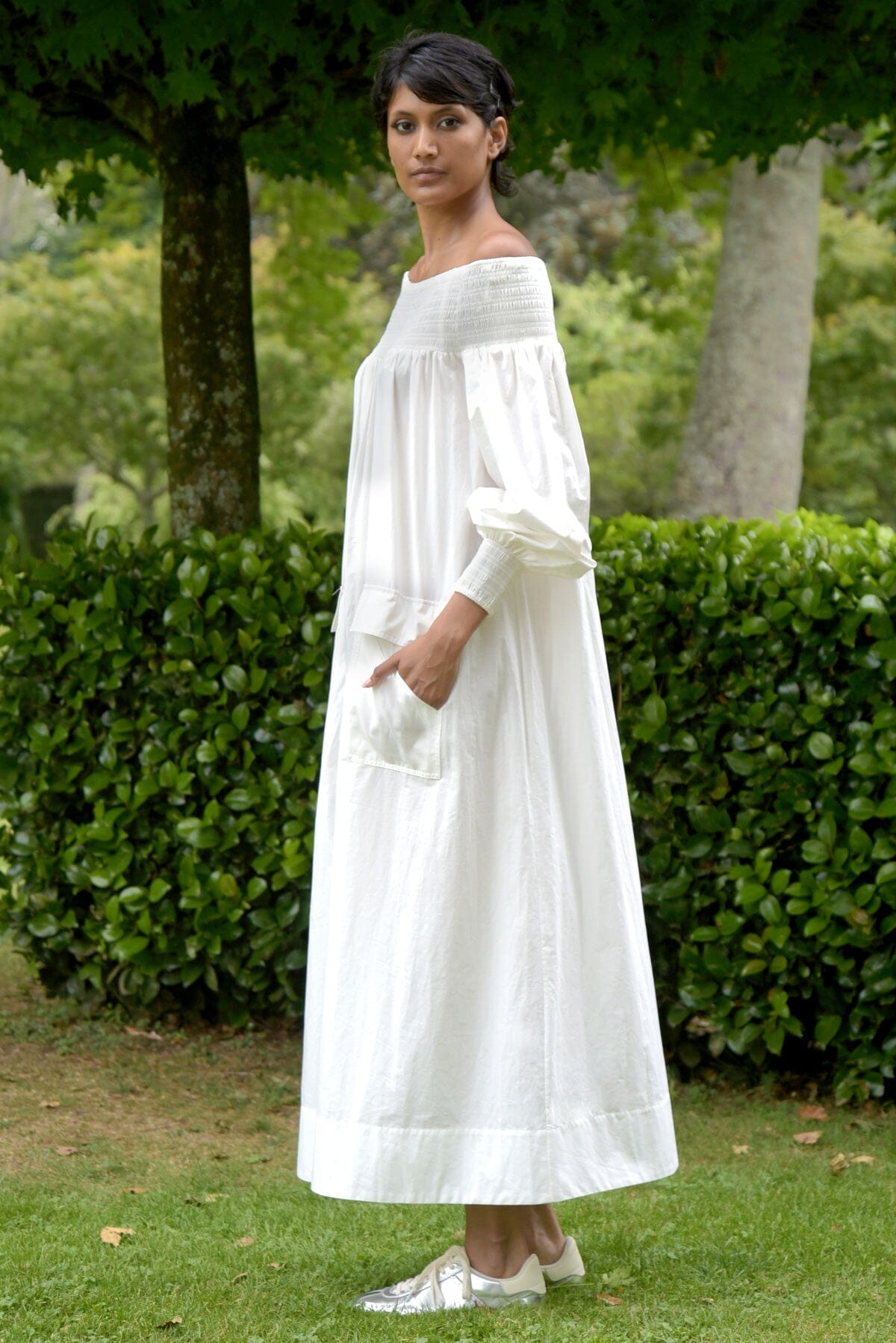 Shirred Of Mouth Dress White