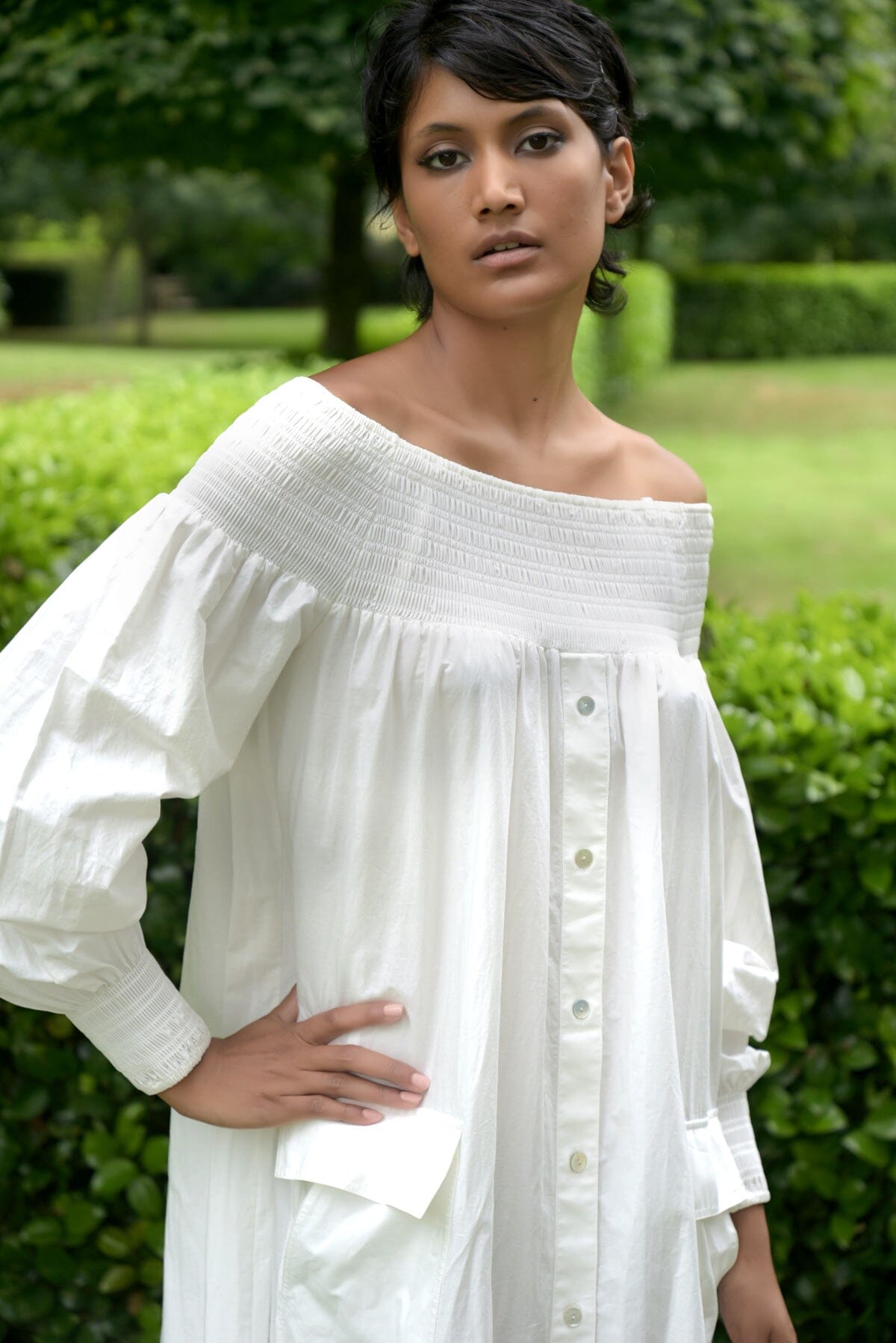 Shirred Of Mouth Dress White