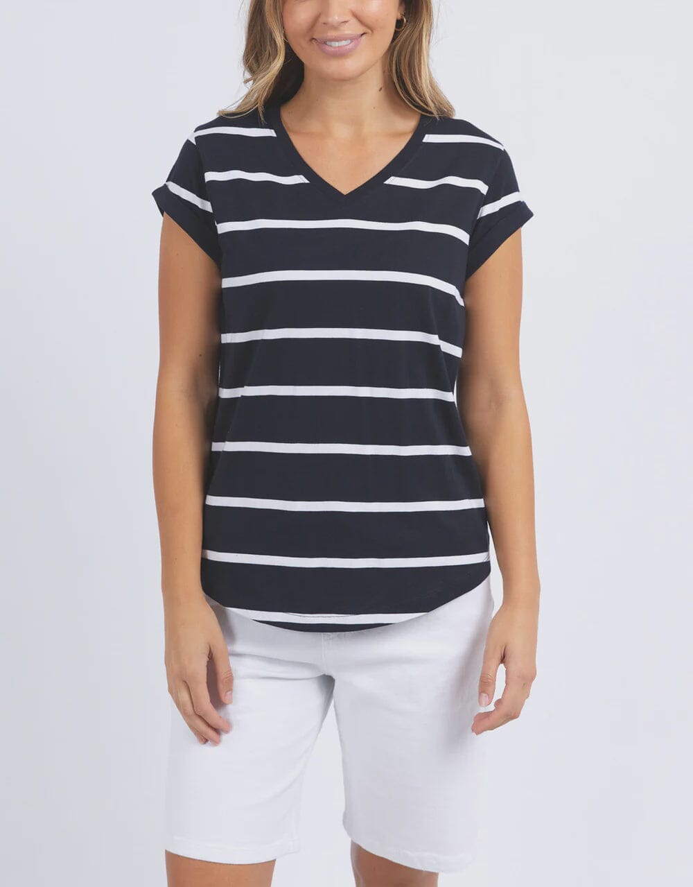 MANLY STRIPE VEE TEE - NAVY