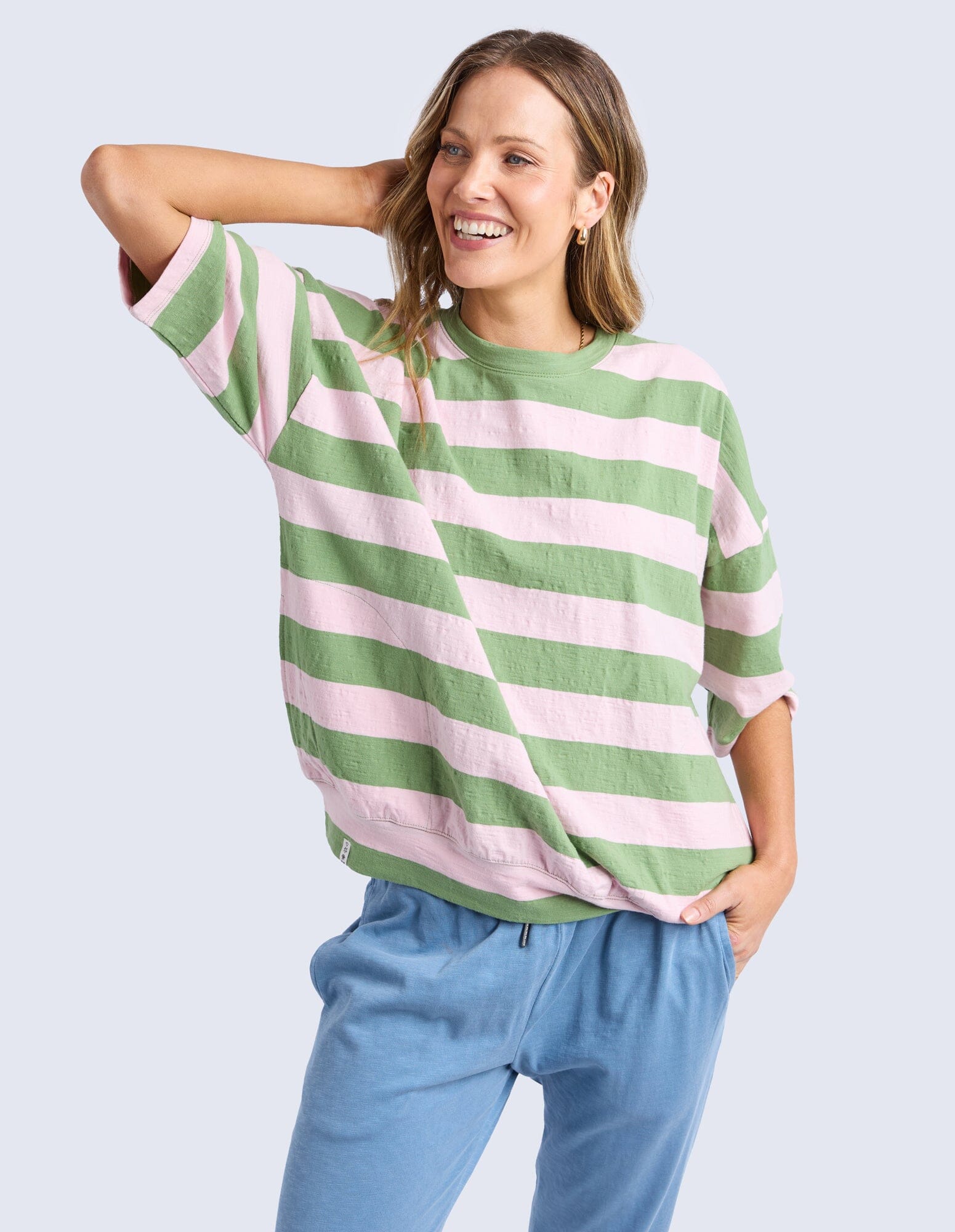 Mazie Block Stripe Sweat Forest/Pink Lady