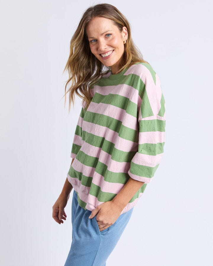 Mazie Block Stripe Sweat Forest/Pink Lady